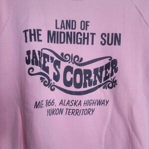 Vtg 80s Jakes Corner Bar Alaska Highway Yukon Territory Sweatshirt XL Pink